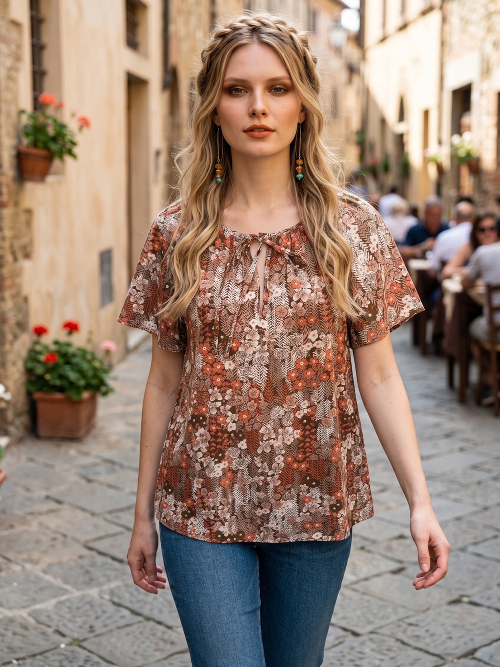 Floral Tie-Neck Brown Short-Sleeve Blouse